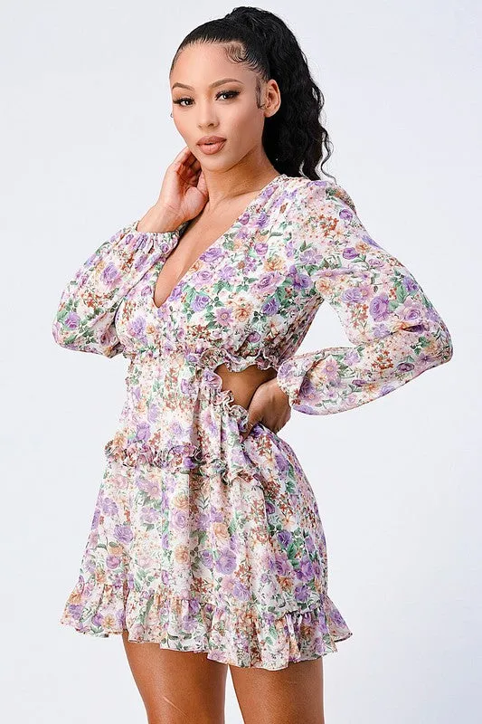 FLORAL PRINT DEEP-V SIDE CUT-OUT RUFFLED DRESS