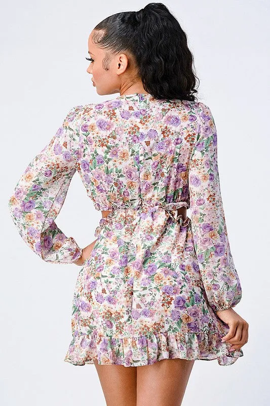 FLORAL PRINT DEEP-V SIDE CUT-OUT RUFFLED DRESS