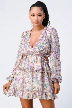 FLORAL PRINT DEEP-V SIDE CUT-OUT RUFFLED DRESS