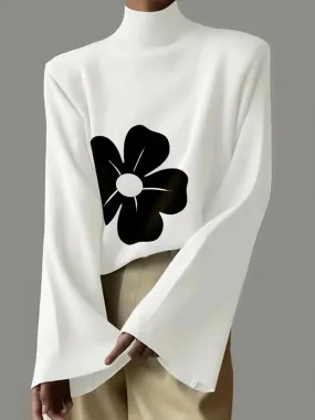 Flower Print Flared Sleeves Long Sleeves High Neck T-Shirts Tops