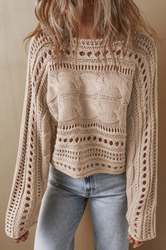 Gray Hollow-out Cable Knit Cropped Sweater