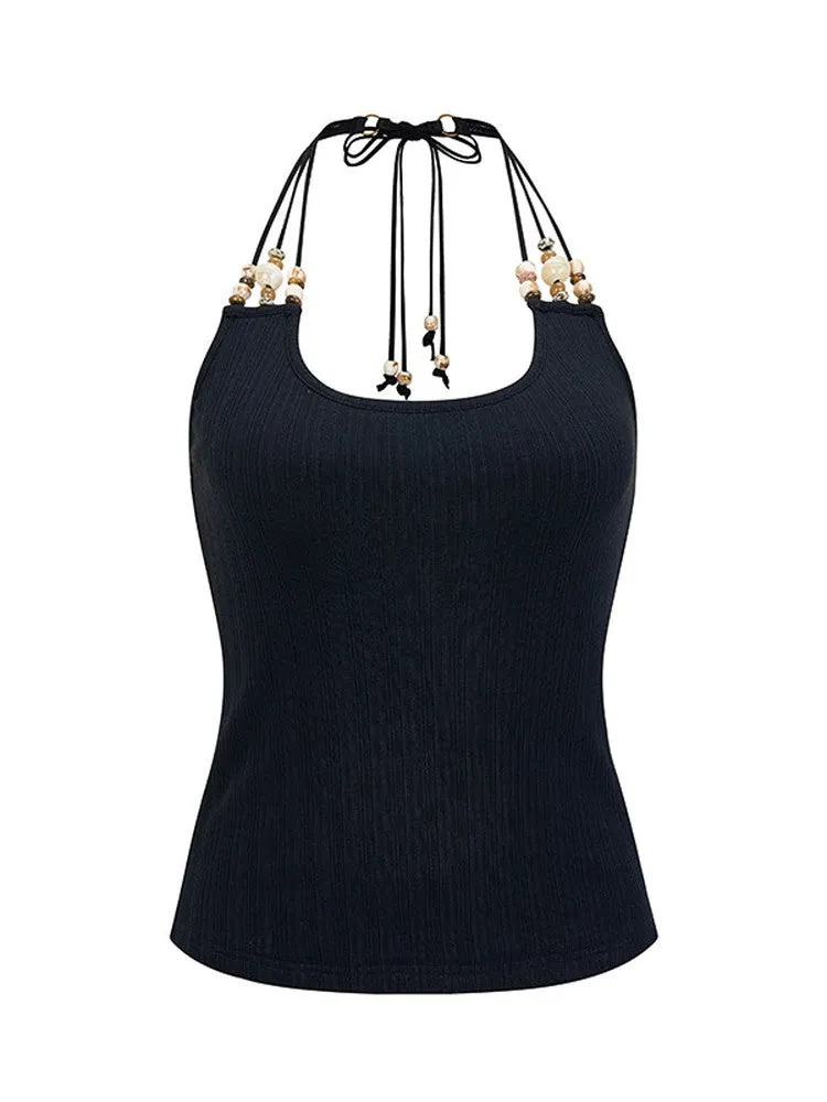 Halter-Neck Beads Back-Open Summer Simple Tops