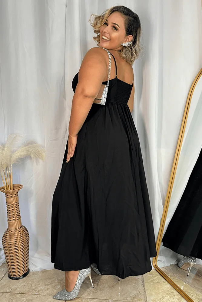 HN Black Plus Size V-Neck Maxi Dress Spaghetti Straps Ruched A-Line Dress