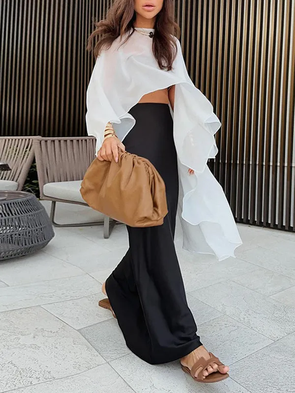 Hollow See-Through Solid Color High-Low Loose Round-Neck Cover-Ups Tops Blouses&Shirts Tops