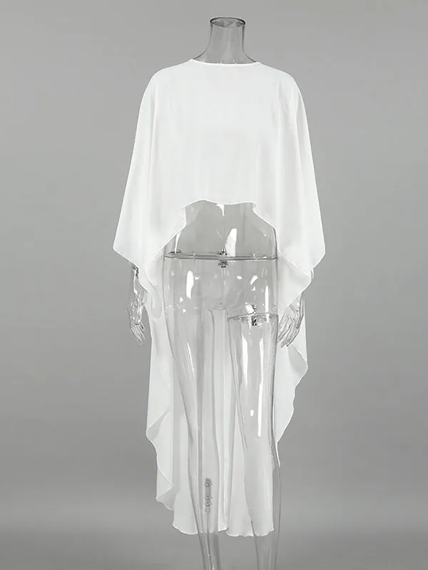 Hollow See-Through Solid Color High-Low Loose Round-Neck Cover-Ups Tops Blouses&Shirts Tops