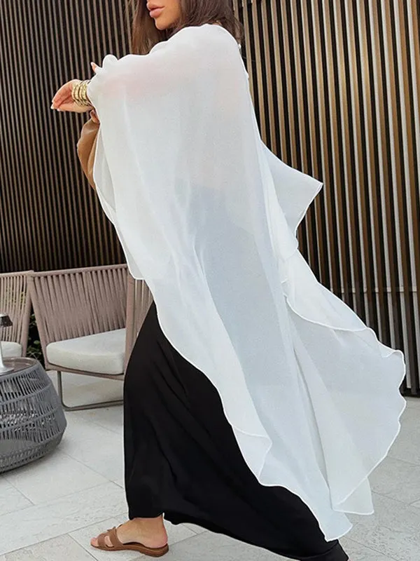 Hollow See-Through Solid Color High-Low Loose Round-Neck Cover-Ups Tops Blouses&Shirts Tops