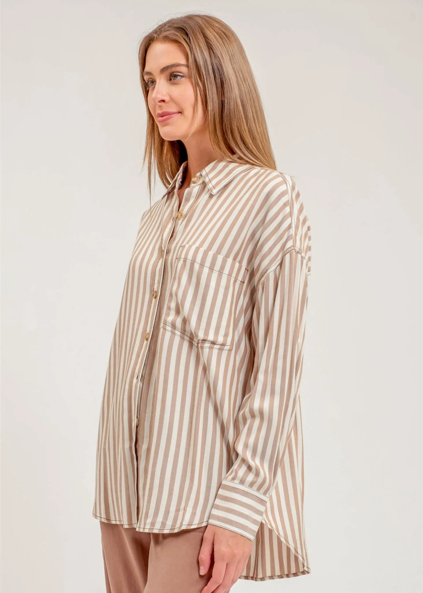 Jemma, Womens Button Front Shirt, long sleeve, Blue Stripe or Tan Stripe