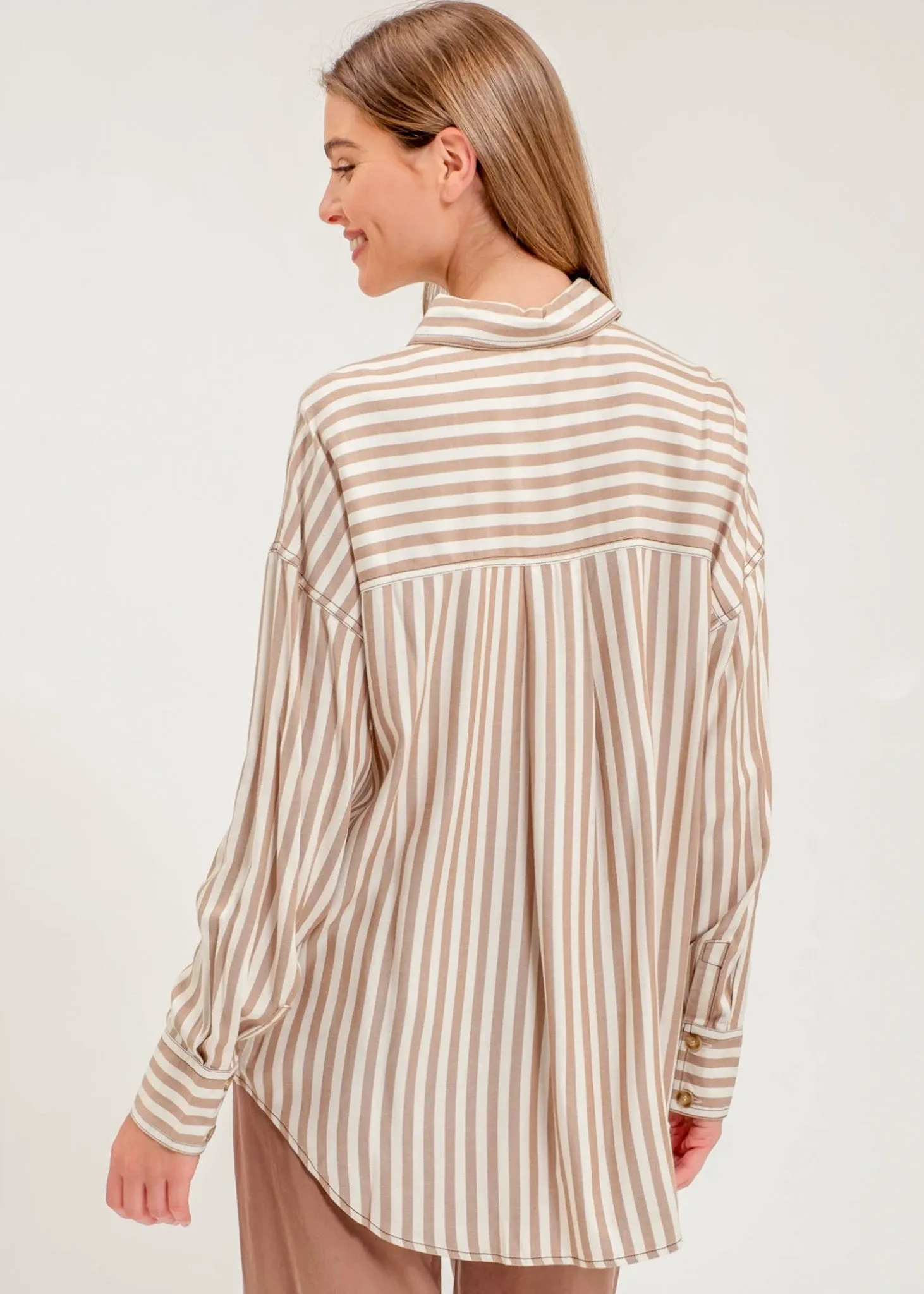 Jemma, Womens Button Front Shirt, long sleeve, Blue Stripe or Tan Stripe