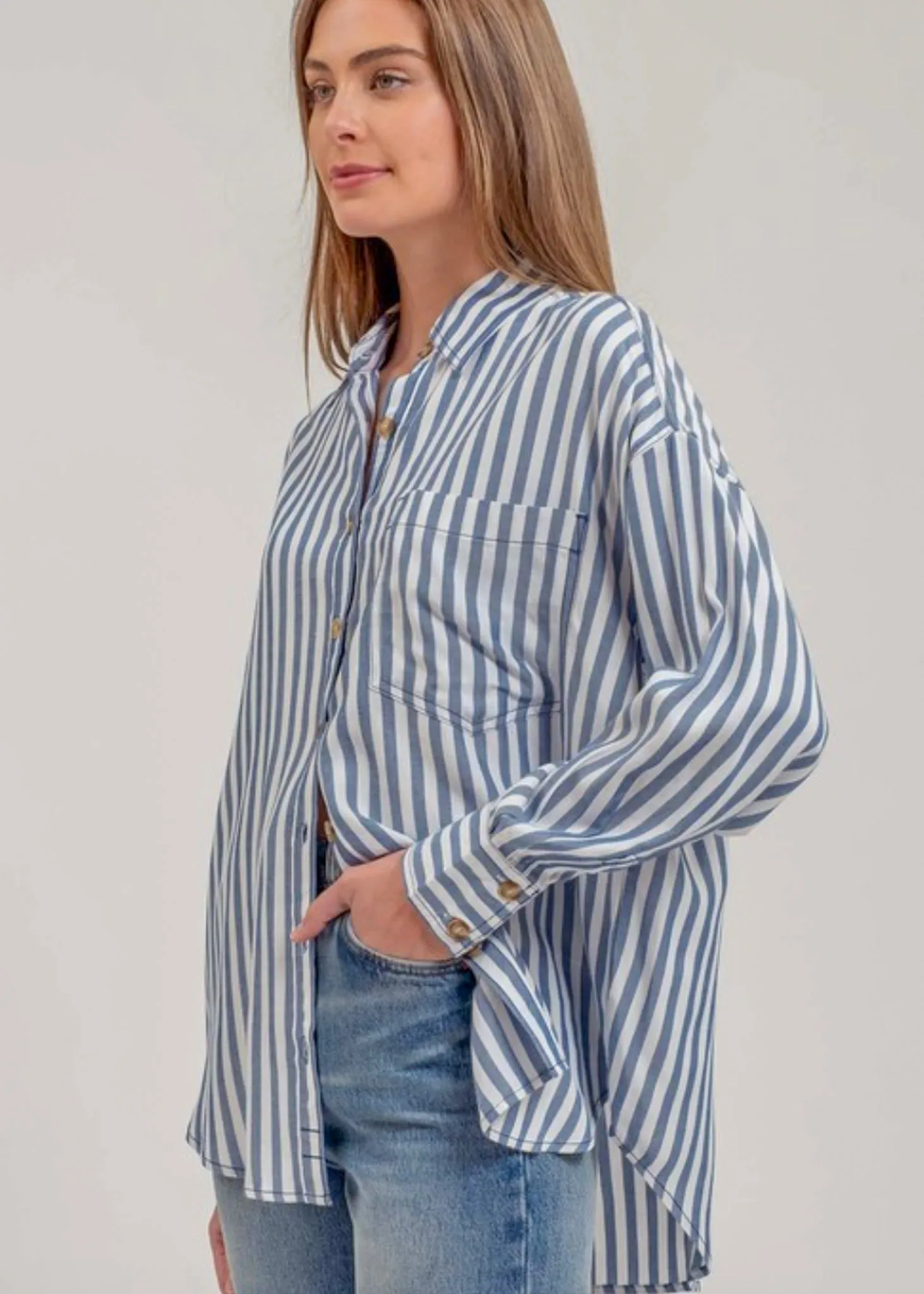 Jemma, Womens Button Front Shirt, long sleeve, Blue Stripe or Tan Stripe