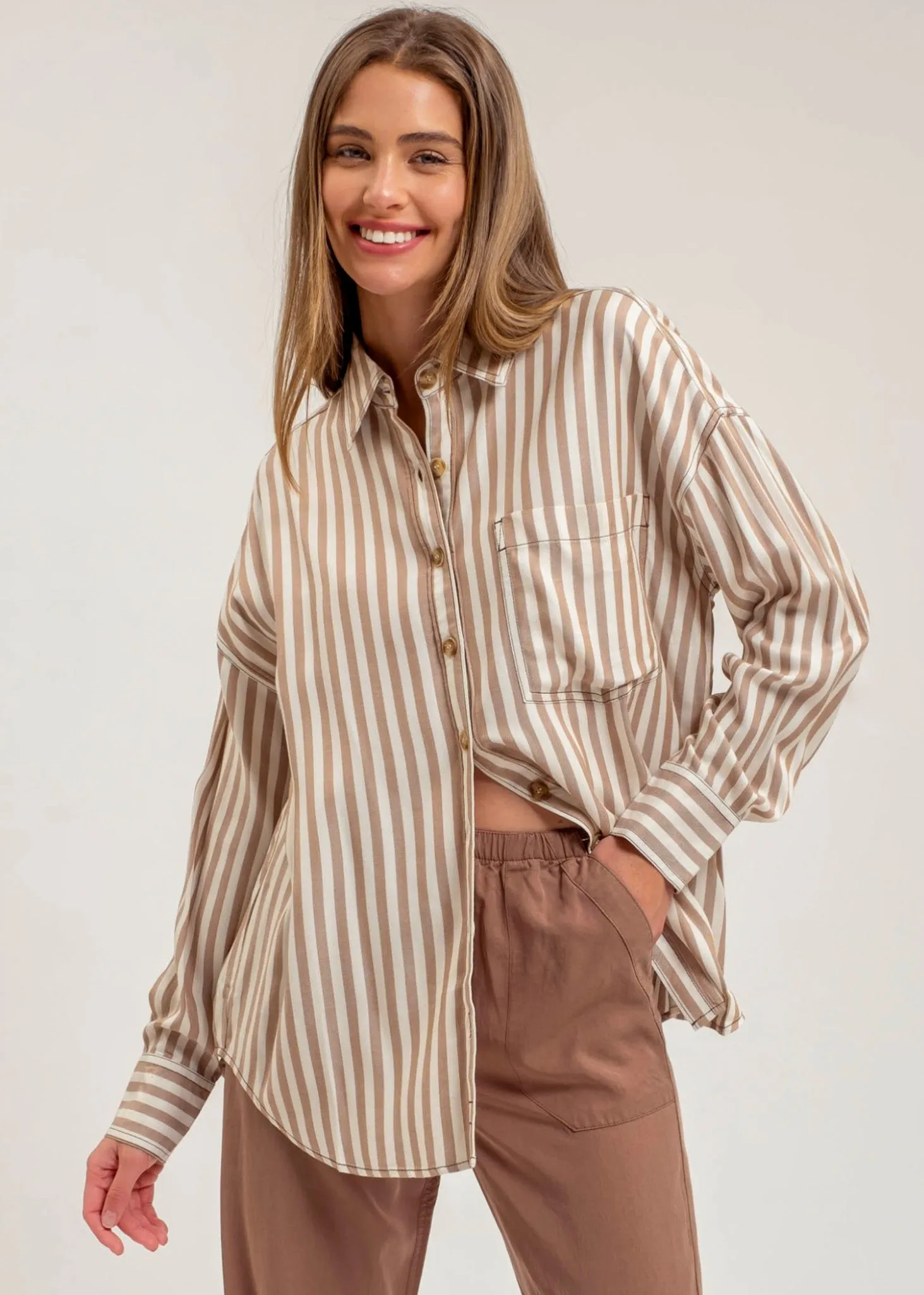 Jemma, Womens Button Front Shirt, long sleeve, Blue Stripe or Tan Stripe