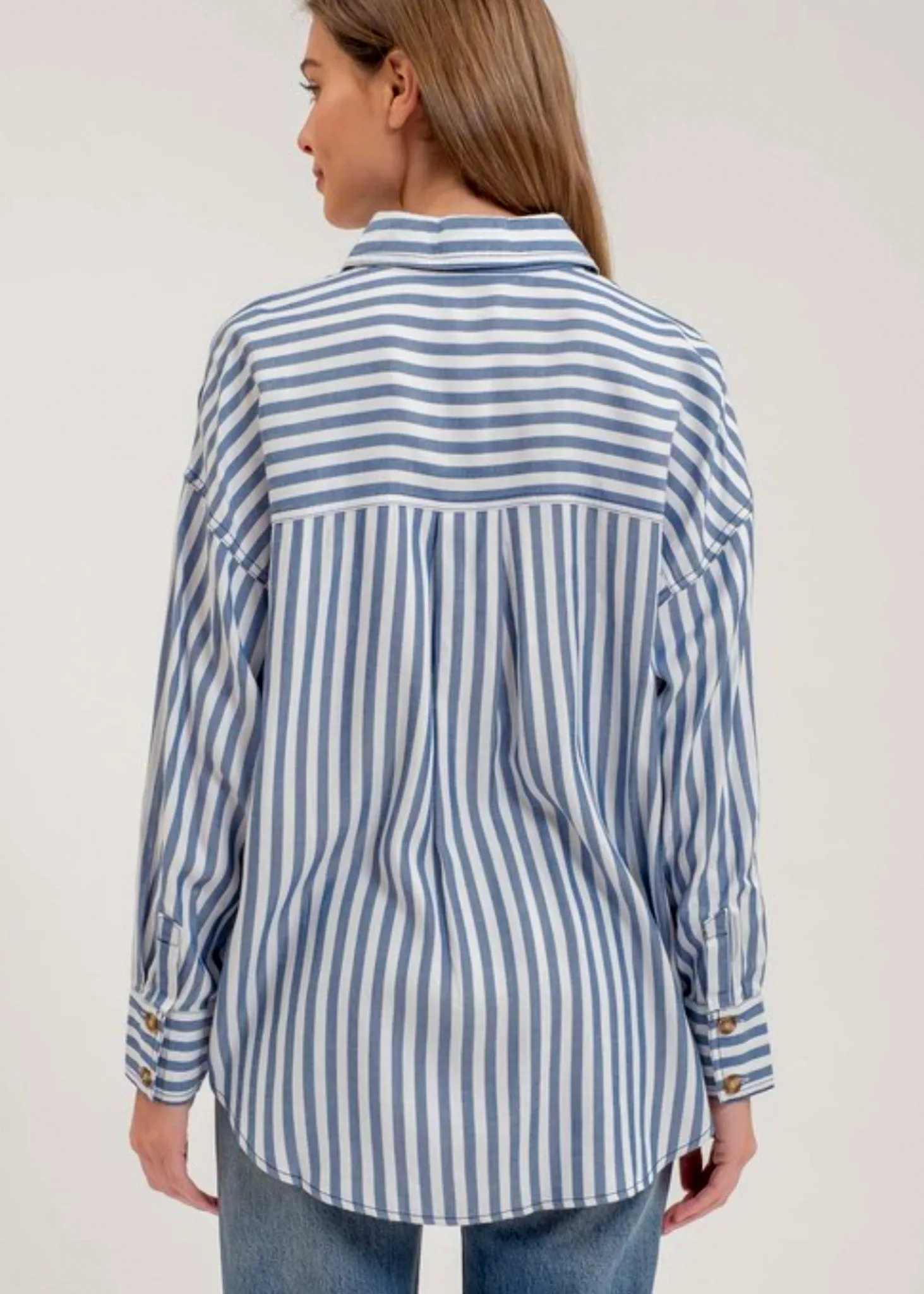 Jemma, Womens Button Front Shirt, long sleeve, Blue Stripe or Tan Stripe