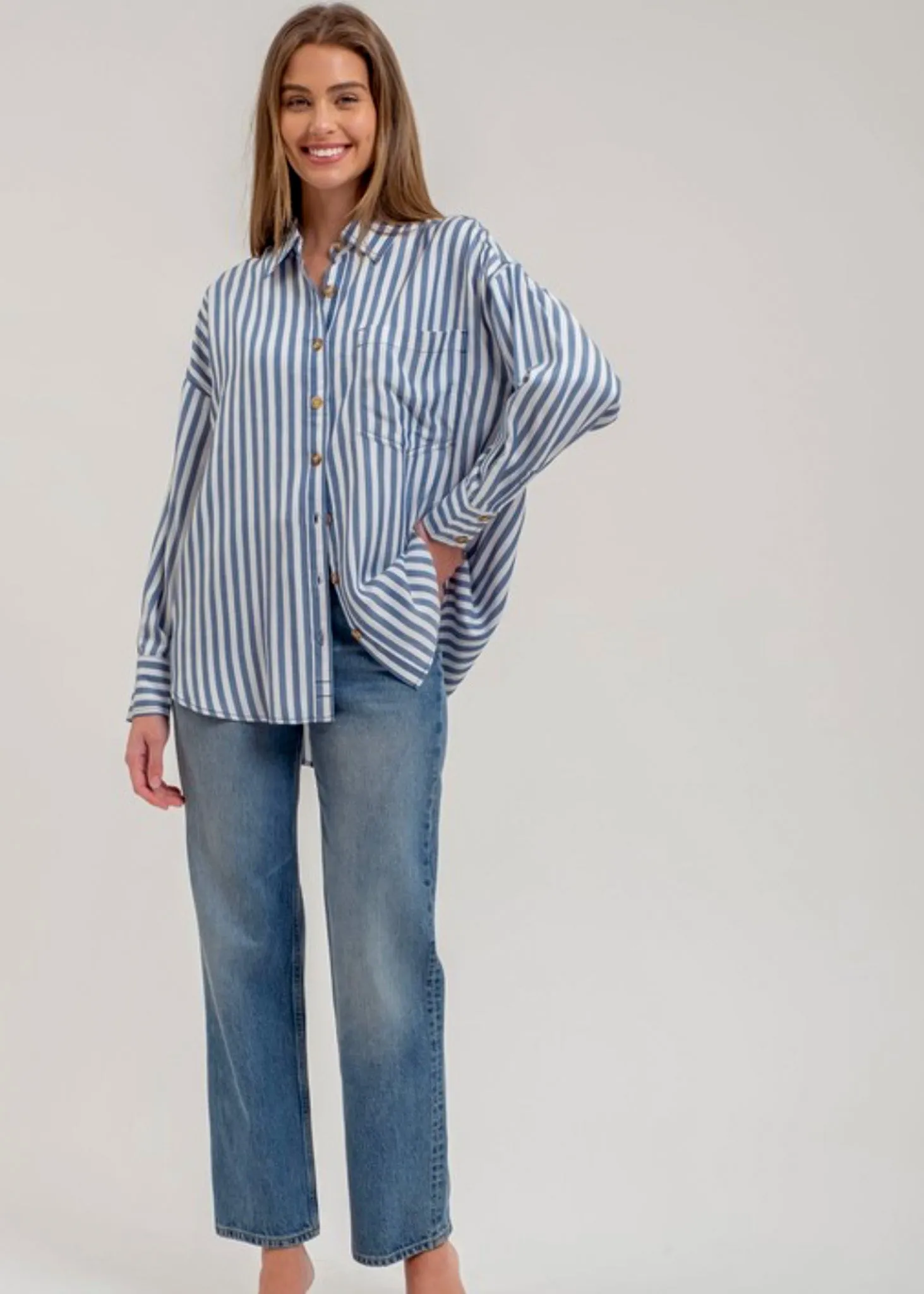 Jemma, Womens Button Front Shirt, long sleeve, Blue Stripe or Tan Stripe