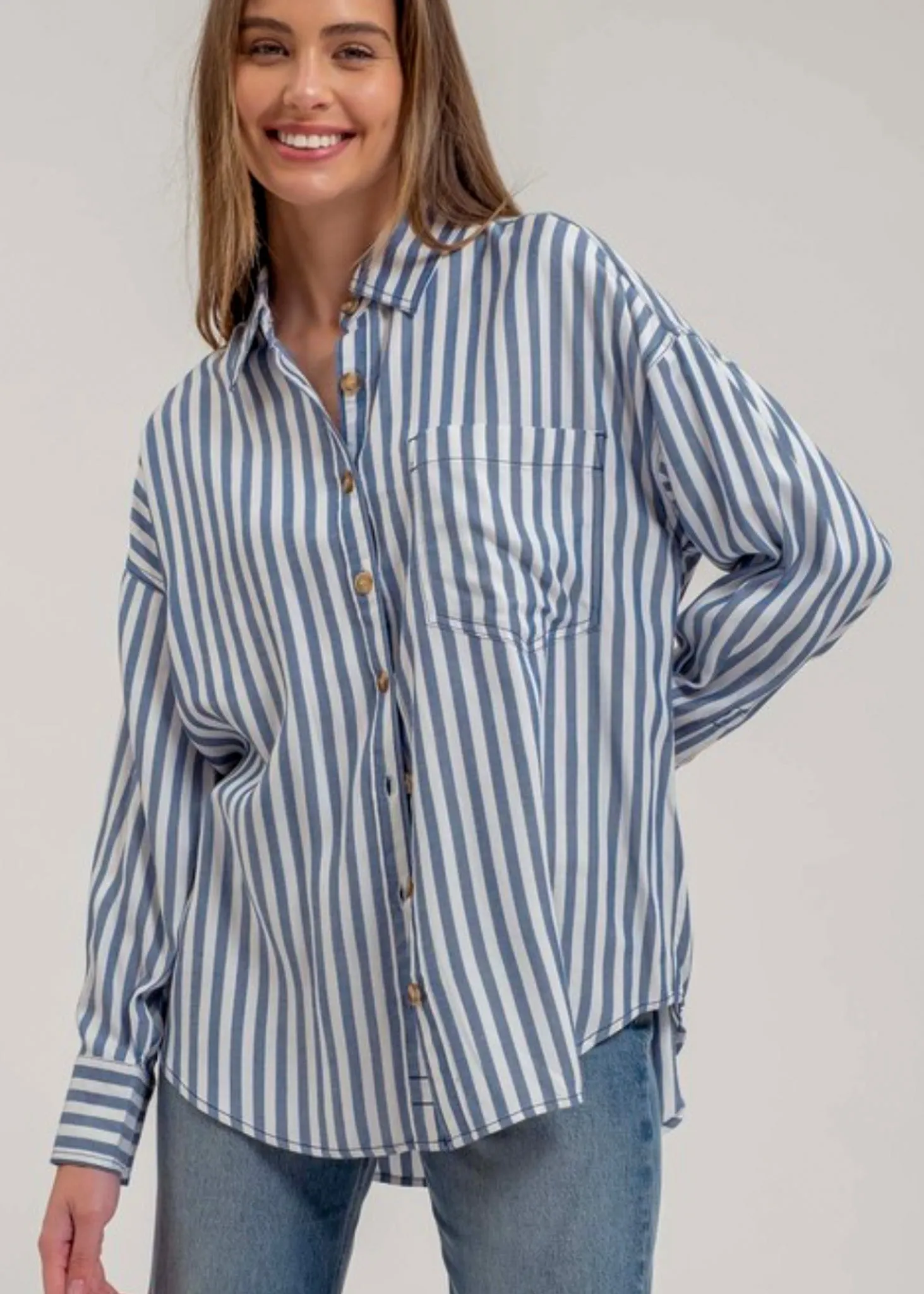 Jemma, Womens Button Front Shirt, long sleeve, Blue Stripe or Tan Stripe