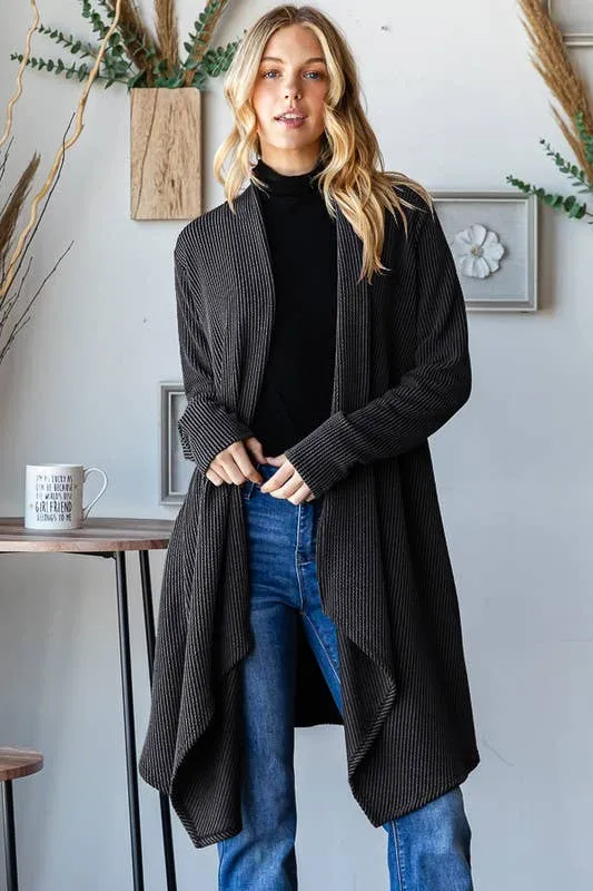 LONG SLEEVE SOLID URBAN RIBBED OPEN CARDIGAN