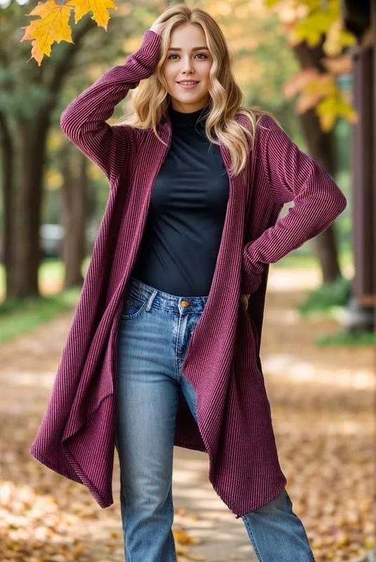 LONG SLEEVE SOLID URBAN RIBBED OPEN CARDIGAN