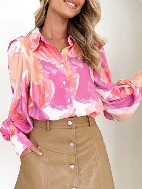 Long Sleeves Loose Buttoned Contrast Color Printed Lapel Blouses&shirts Tops Shirts Tops