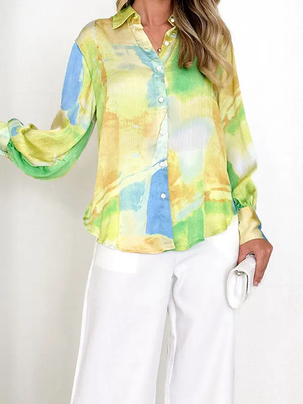 Long Sleeves Loose Buttoned Contrast Color Printed Lapel Blouses&shirts Tops Shirts Tops