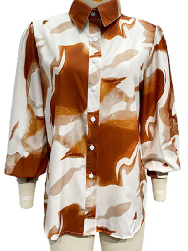 Long Sleeves Loose Buttoned Contrast Color Printed Lapel Blouses&shirts Tops Shirts Tops