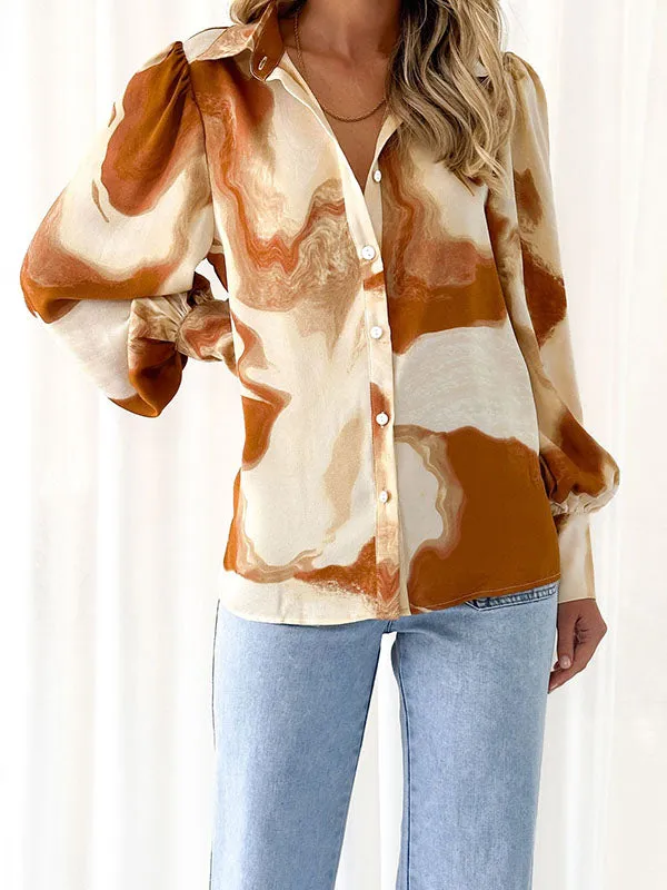 Long Sleeves Loose Buttoned Contrast Color Printed Lapel Blouses&shirts Tops Shirts Tops