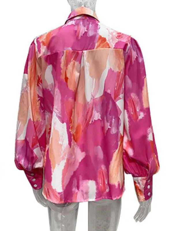 Long Sleeves Loose Buttoned Contrast Color Printed Lapel Blouses&shirts Tops Shirts Tops