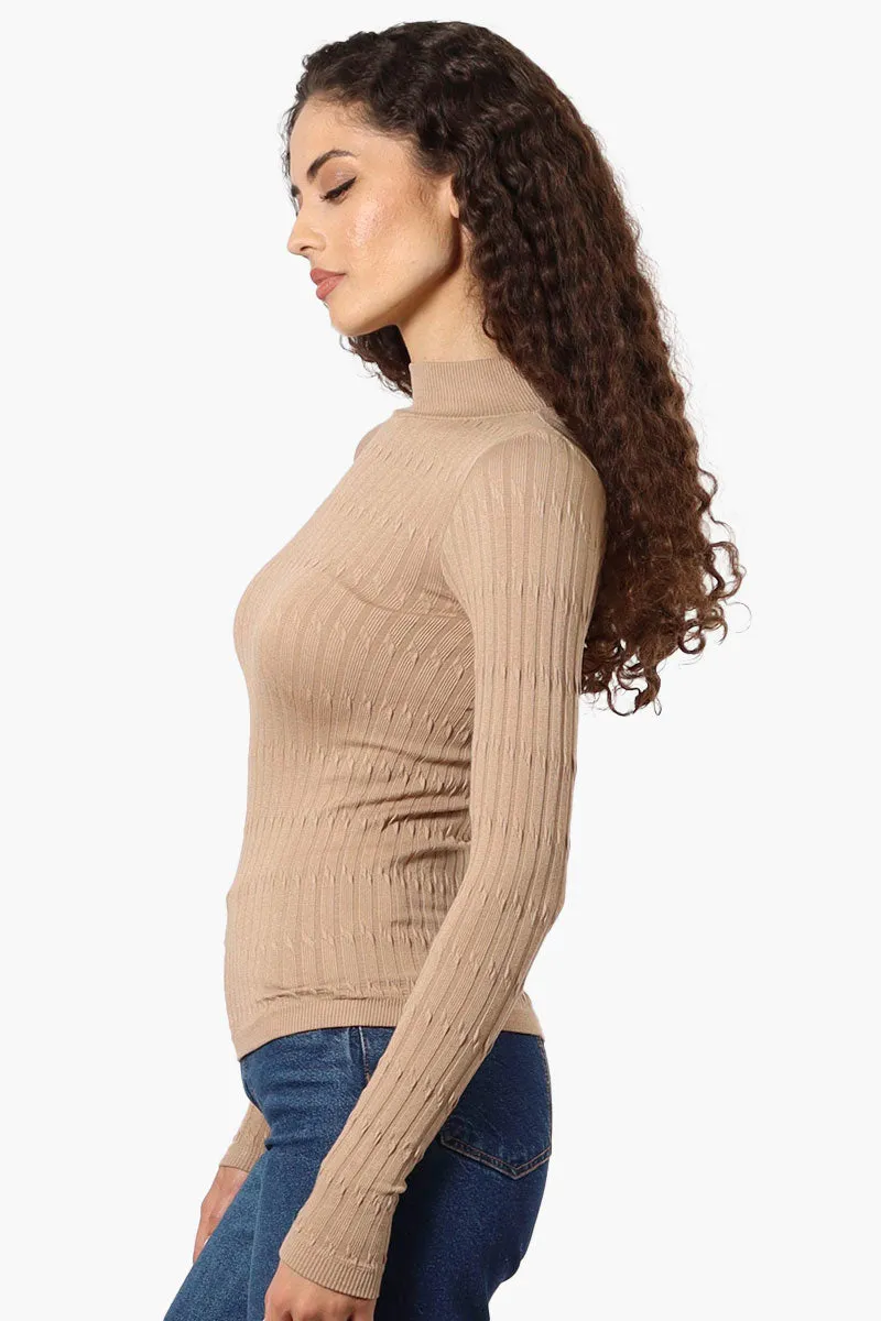 Magazine Ribbed Mock Neck Long Sleeve Top - Beige