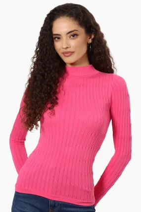 Magazine Ribbed Mock Neck Long Sleeve Top - Pink