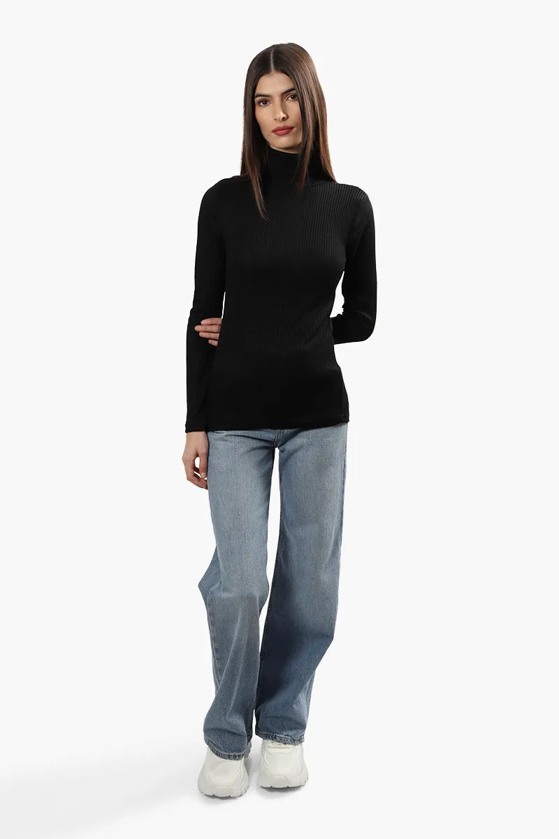 Magazine Ribbed Turtleneck Long Sleeve Top - Black