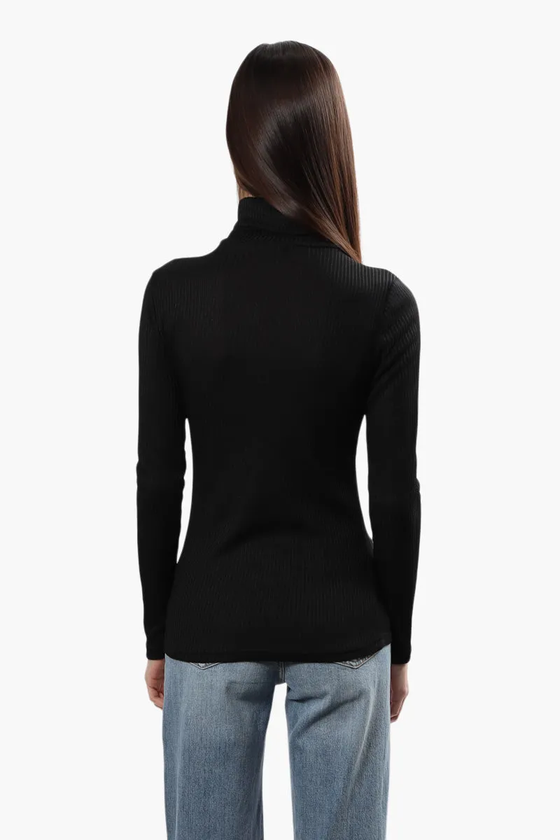 Magazine Ribbed Turtleneck Long Sleeve Top - Black