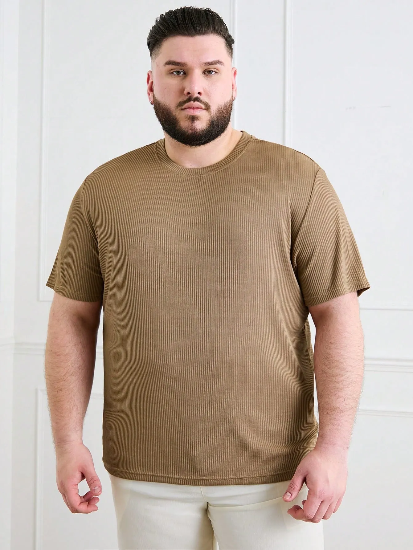 Men's Plus Size Rib-Knit Casual Summer T-Shirt, Short Sleeve, Solid Color