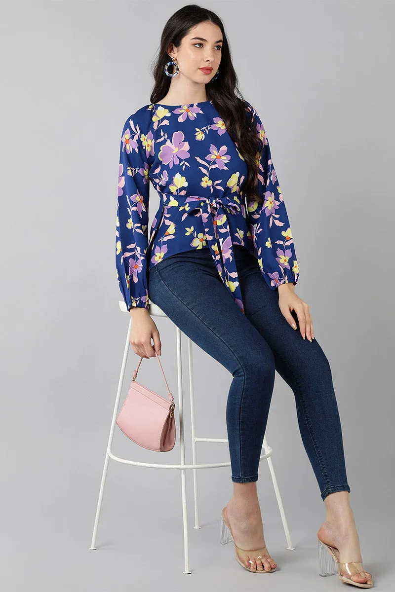 Navy Blue Georgette Floral Printed Front-Tie-Up Top