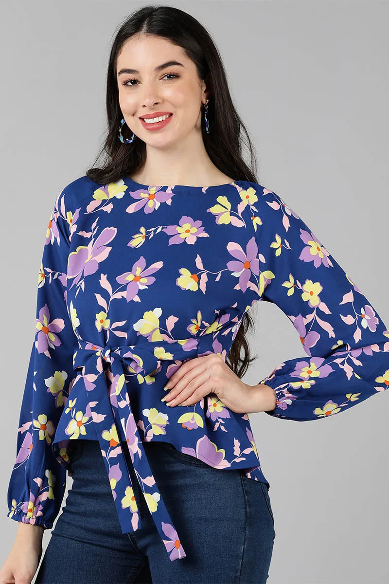 Navy Blue Georgette Floral Printed Front-Tie-Up Top