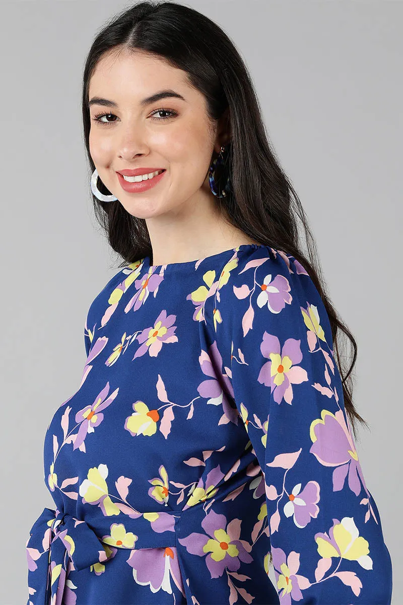 Navy Blue Georgette Floral Printed Front-Tie-Up Top