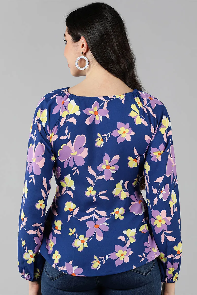 Navy Blue Georgette Floral Printed Front-Tie-Up Top