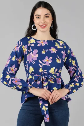 Navy Blue Georgette Floral Printed Front-Tie-Up Top