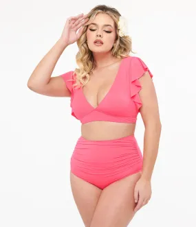 Neon Pink Ruffled Sleeve Two Piece Swim Set