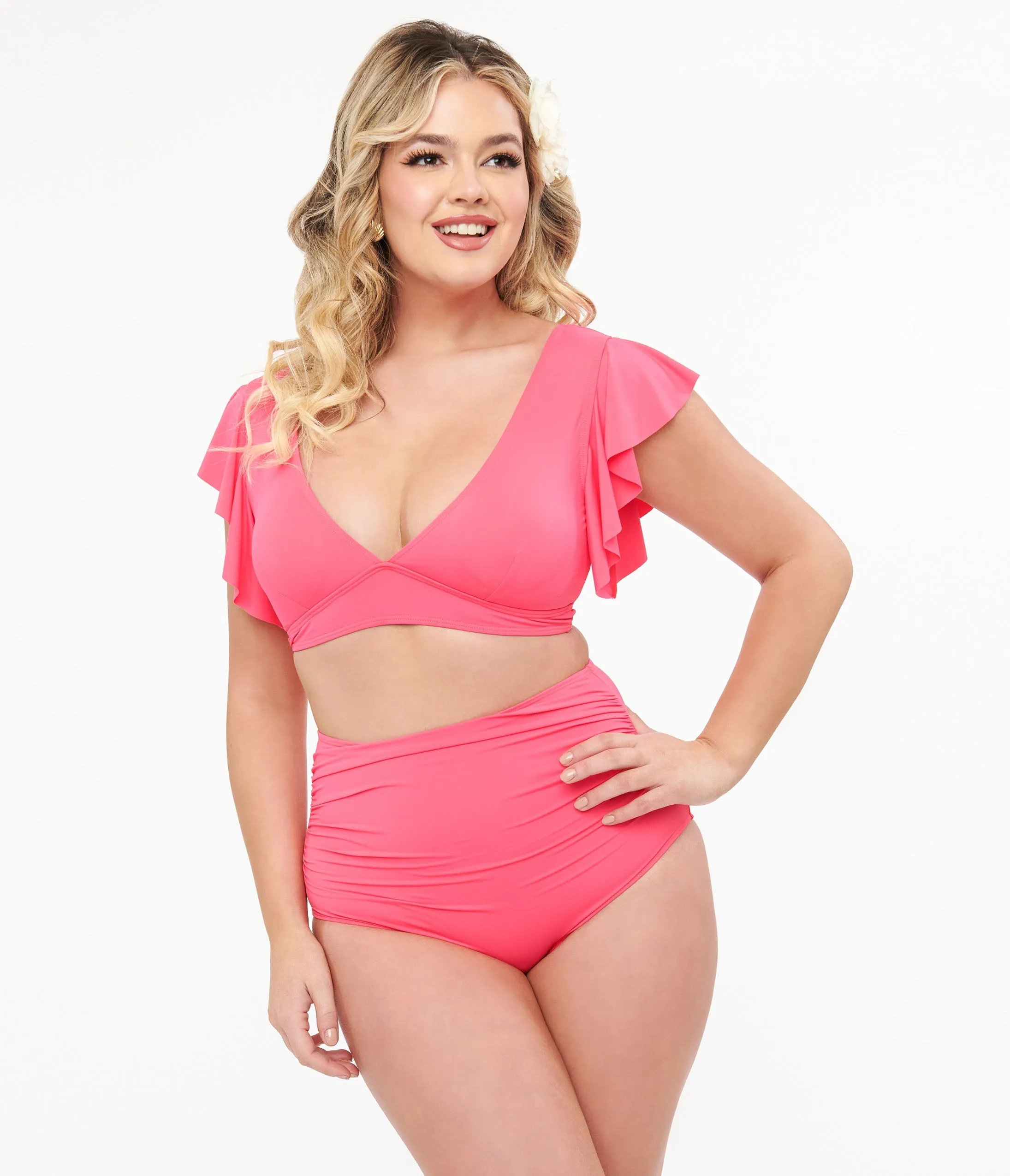 Neon Pink Ruffled Sleeve Two Piece Swim Set