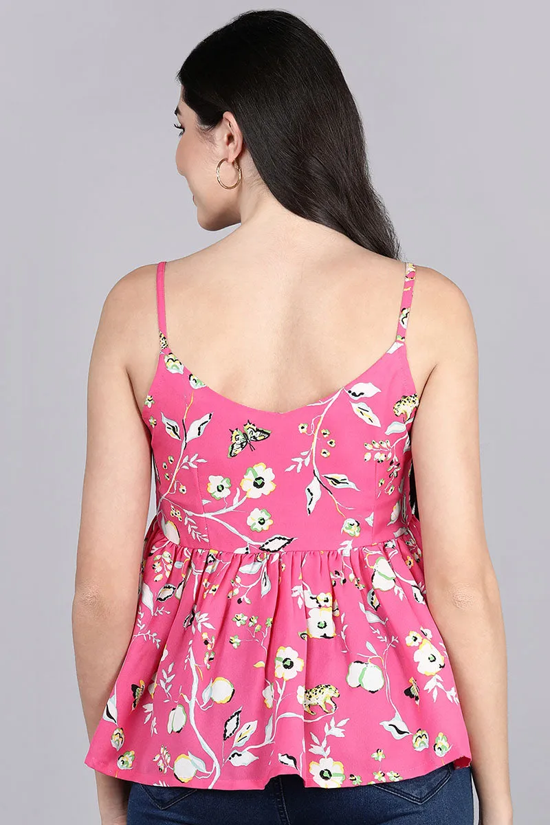 Pink Georgette Floral Printed Peplum Strappy Crop Top