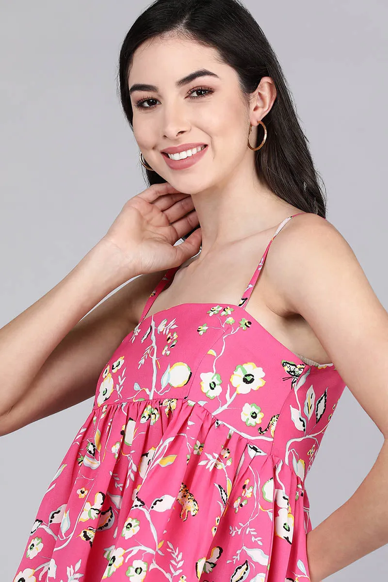 Pink Georgette Floral Printed Peplum Strappy Crop Top