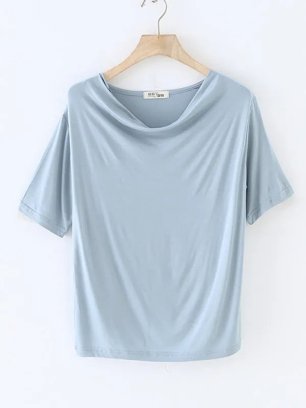 Pleated Solid Color Short Sleeves Heaps Collar T-Shirts Tops