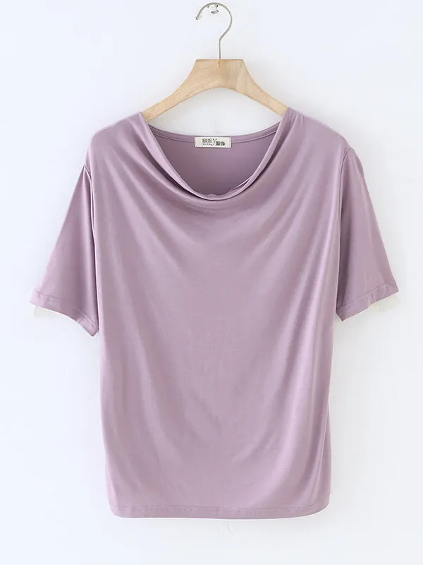 Pleated Solid Color Short Sleeves Heaps Collar T-Shirts Tops