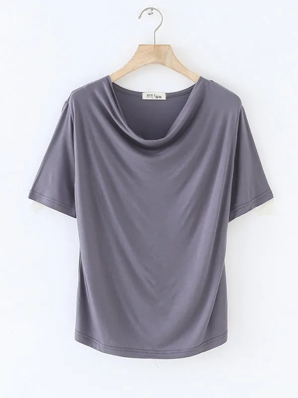 Pleated Solid Color Short Sleeves Heaps Collar T-Shirts Tops