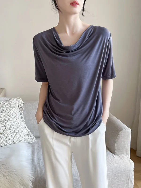 Pleated Solid Color Short Sleeves Heaps Collar T-Shirts Tops