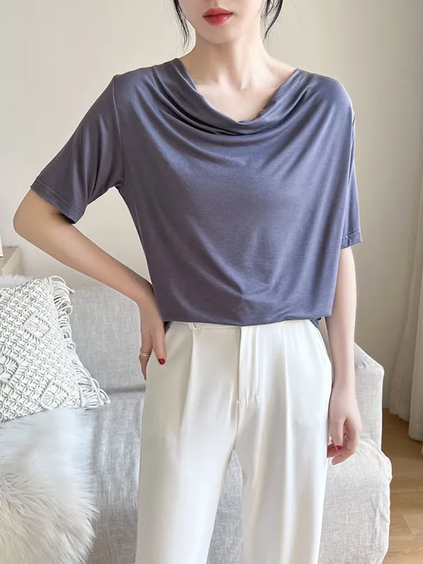 Pleated Solid Color Short Sleeves Heaps Collar T-Shirts Tops