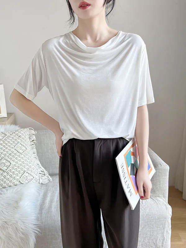 Pleated Solid Color Short Sleeves Heaps Collar T-Shirts Tops