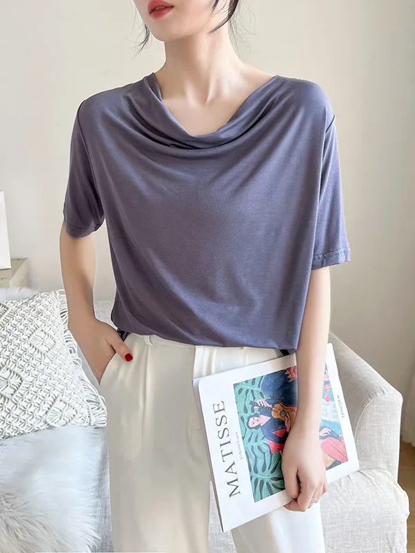 Pleated Solid Color Short Sleeves Heaps Collar T-Shirts Tops