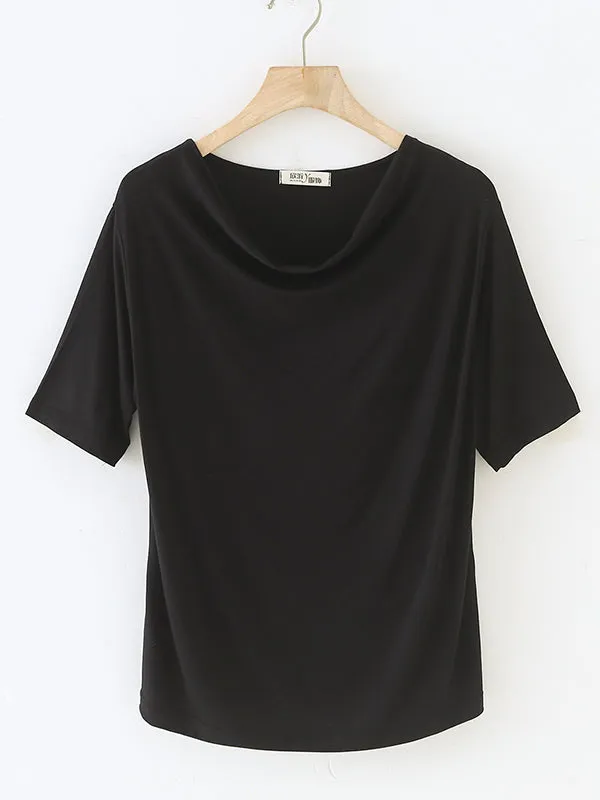 Pleated Solid Color Short Sleeves Heaps Collar T-Shirts Tops