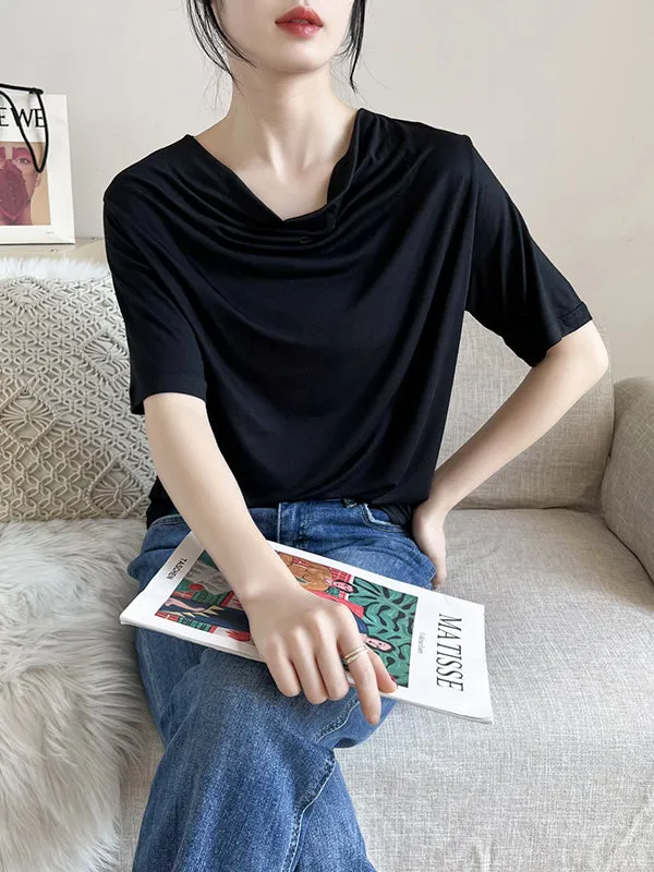 Pleated Solid Color Short Sleeves Heaps Collar T-Shirts Tops