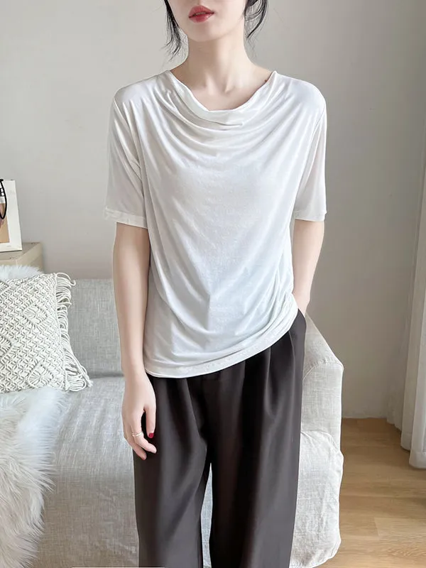 Pleated Solid Color Short Sleeves Heaps Collar T-Shirts Tops