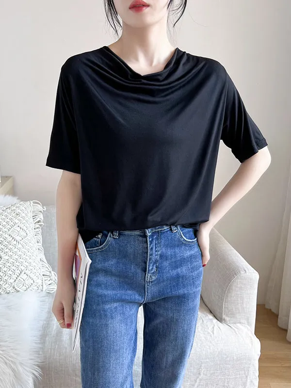 Pleated Solid Color Short Sleeves Heaps Collar T-Shirts Tops