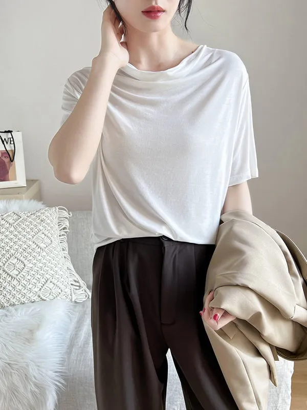 Pleated Solid Color Short Sleeves Heaps Collar T-Shirts Tops